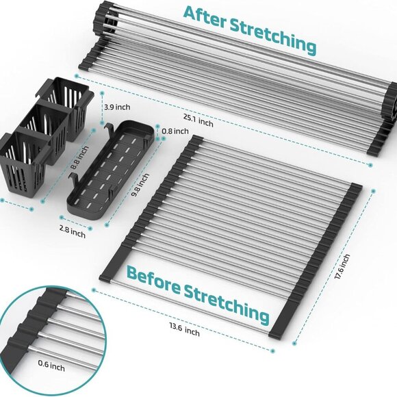 Extra Large Black Expandable Roll Up Dish Drying Rack Up to 25.1''with 2 Storage - Picture 2 of 7